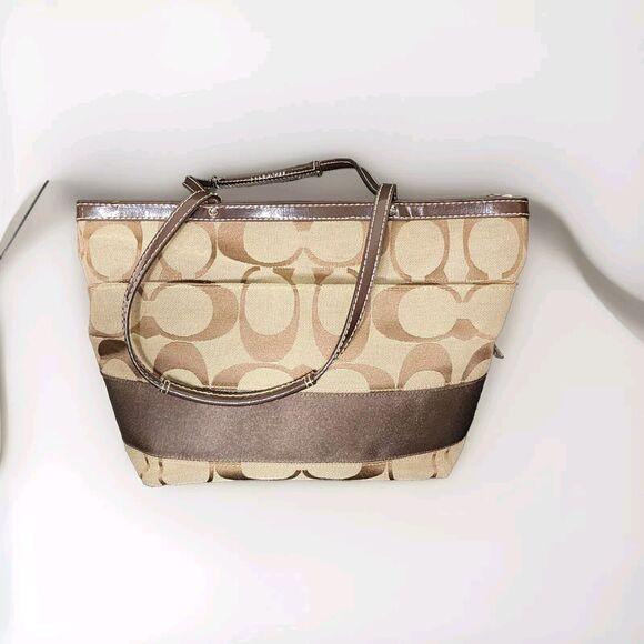 Coach F19046 Authentic Brown & Tan Signature C Stripe Shoulder Tote Purse Bag - Picture 5 of 8